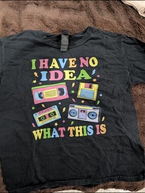 Black Graphic Tee "I Have No Idea What This Is" - Colorful Retro Cassettes
